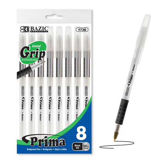 Prima Black Stick Pen w/ Cushion Grip (8/Pack)