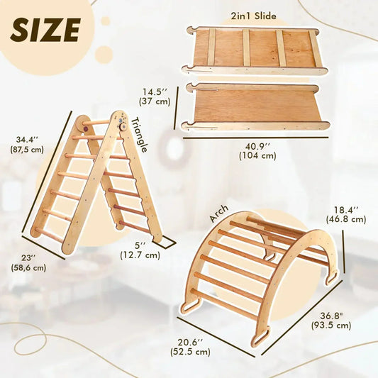 4in1 Montessori Climbing Set: Triangle Ladder + Climbing Arch + Slide Board & Cushion – Beige