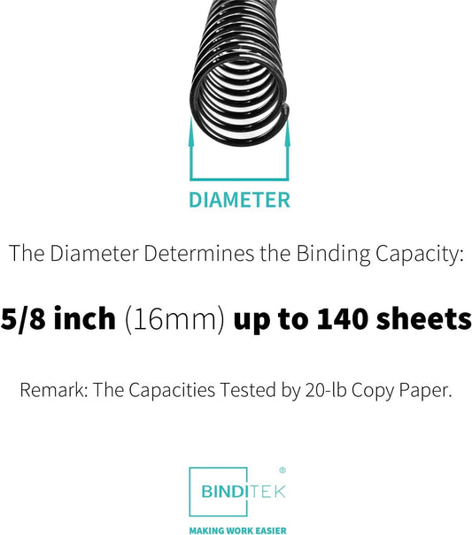 Binditek Plastic Spiral Binding Coils, 16mm(5/8"), 140 Sheet Capacity, 4:1 Pitch