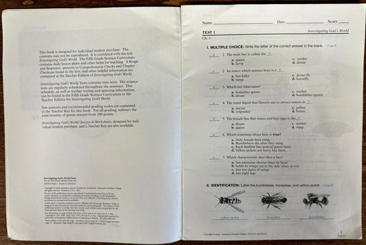 Abeka Investigating God's World 5 Teacher Test Key Science/Health Series - 2010 edition