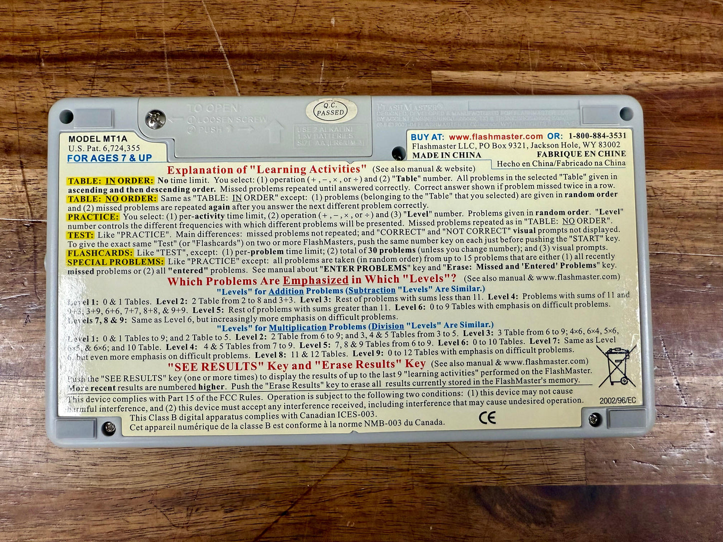 FlashMaster Math Tables MT1A – Electronic Learning Tool (Tested, Works)