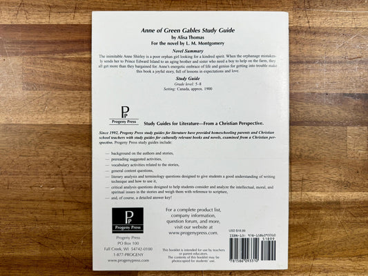 Progeny Press Anne of Green Gables Study Guide