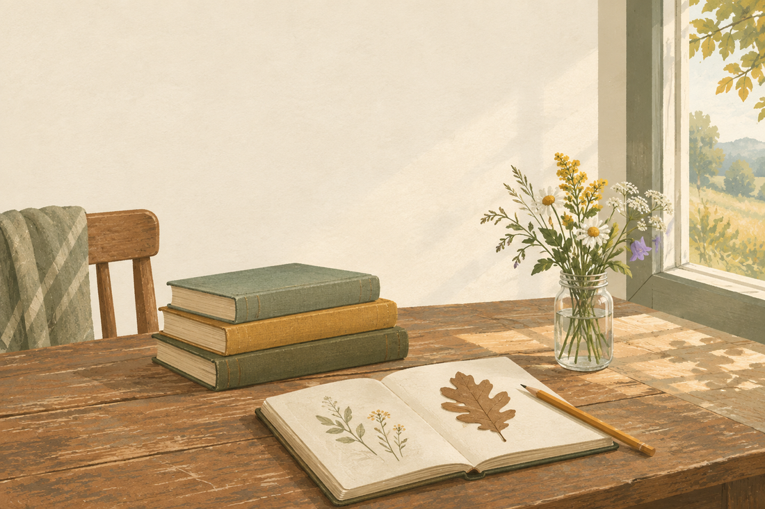A kitchen table by a window with stacked books, an open nature notebook holding a pressed leaf, and a jar of wildflowers in morning light.