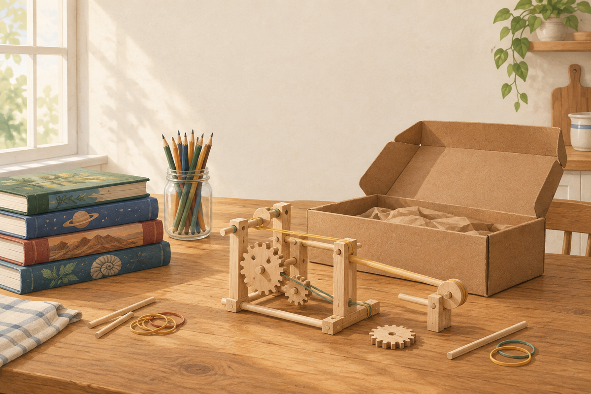 An opened cardboard mailer box on a kitchen table next to a half-built wooden contraption, a stack of used science books, and a jar of pencils.