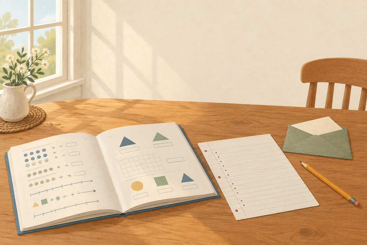 A kitchen table with an open workbook, a spelling list, a folded letter, and a pencil in morning light.