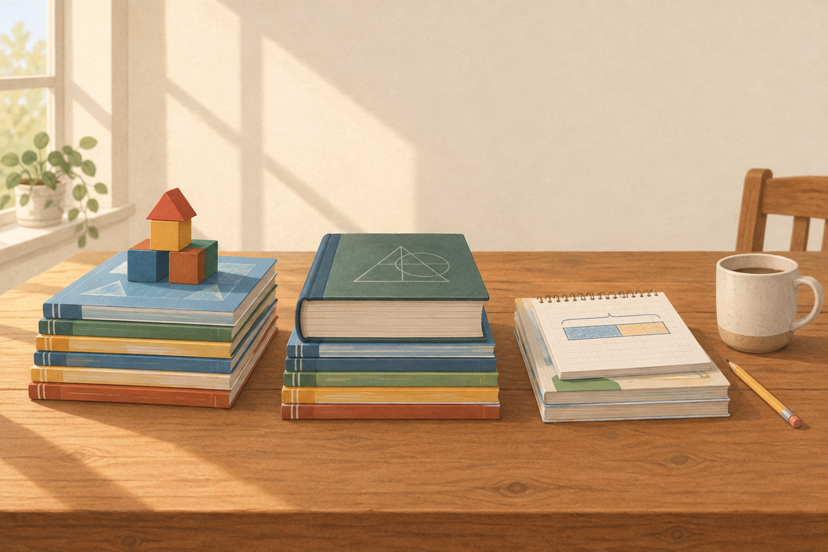 Three stacks of math books on a kitchen table: one with colored blocks on top, one with a thick textbook, one with a thin paperback and a notepad showing a bar diagram.