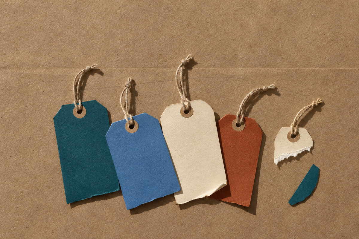 Five hand-cut paper price tags on twine loops laid on brown kraft paper. Four tags are whole and in teal, blue, cream and rust; the fifth is torn so only its top is left. A loose paper offcut and a faint pencil line sit nearby.