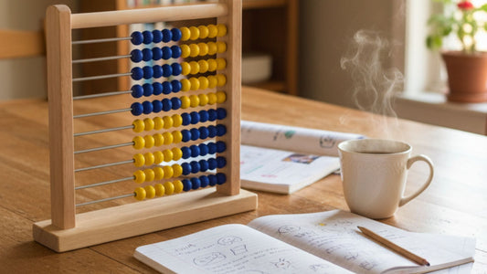 rightstart abacus on table near math notebook and coffee