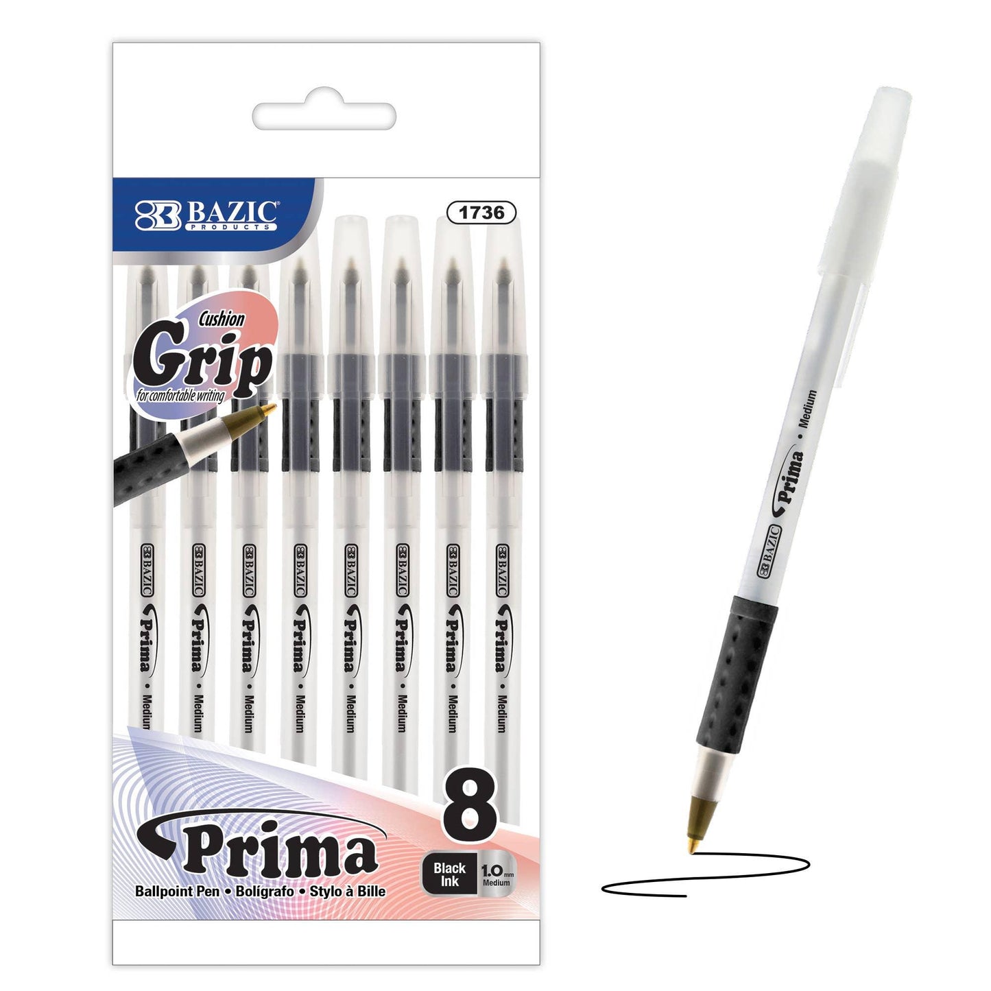 Prima Black Stick Pen w/ Cushion Grip (8/Pack)