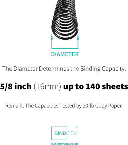 Binditek Plastic Spiral Binding Coils, 16mm(5/8"), 140 Sheet Capacity, 4:1 Pitch