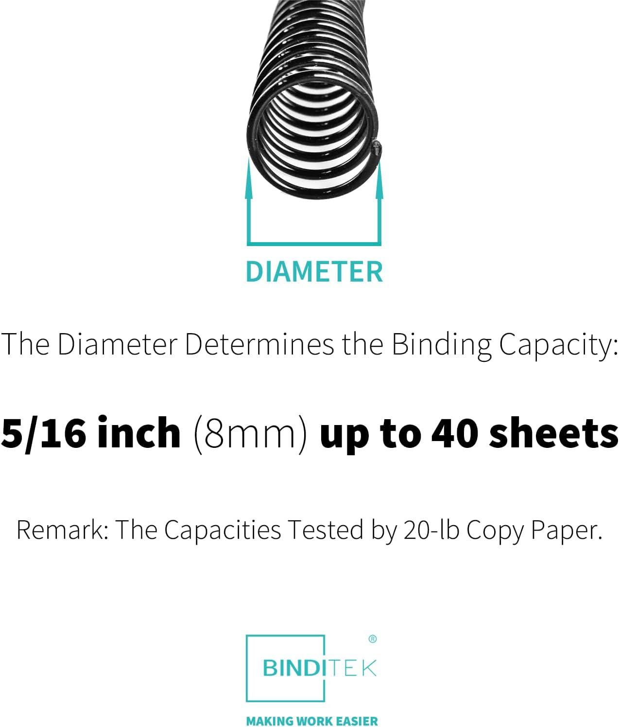 Binditek Plastic Spiral Binding Coils, 8mm(5/16"), 40 Sheet Capacity, 4:1 Pitch