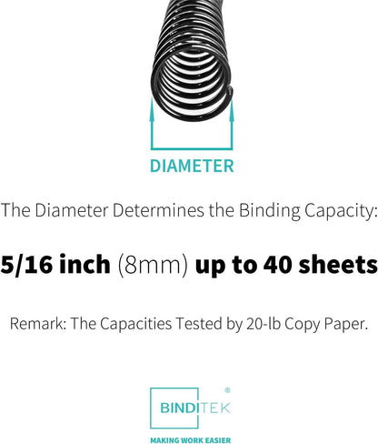 Binditek Plastic Spiral Binding Coils, 8mm(5/16"), 40 Sheet Capacity, 4:1 Pitch