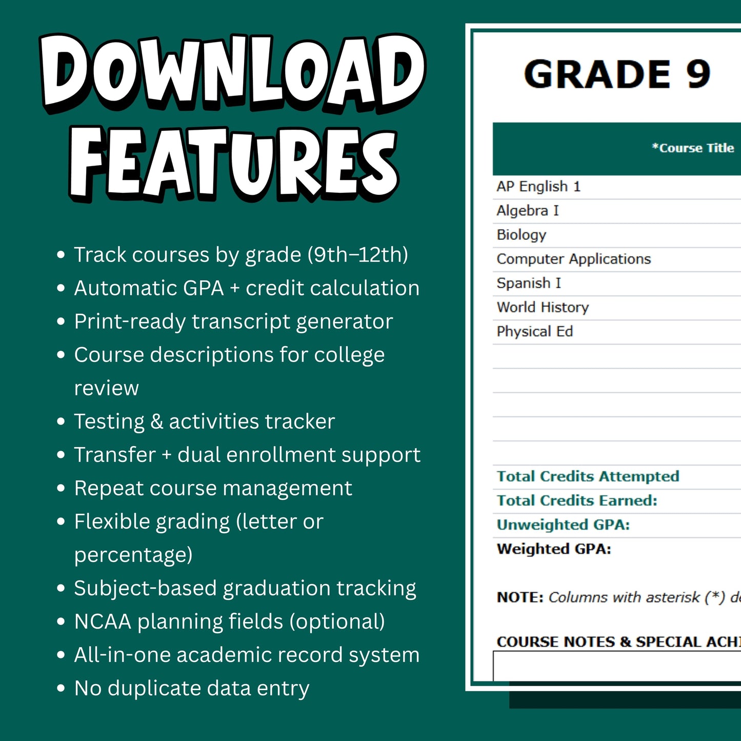 Homeschool High School PREMIUM Transcript Spreadsheet | GPA Calculator, Credits Tracker (Digital Download)