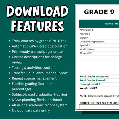 Homeschool High School PREMIUM Transcript Spreadsheet | GPA Calculator, Credits Tracker (Digital Download)