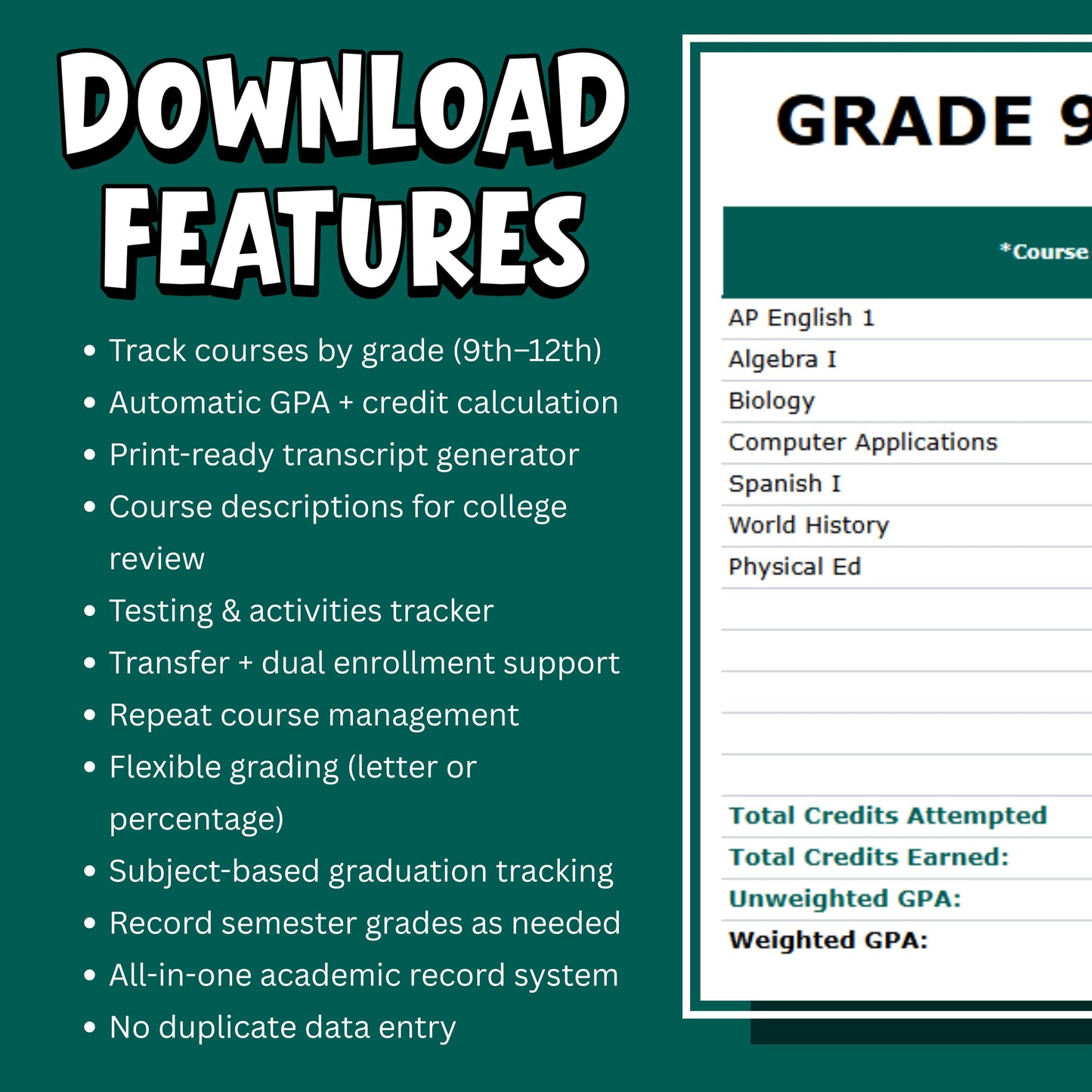 Homeschool High School Transcript System LITE | Google Sheets Auto GPA Calculator | Grades 9-12 Tracker | Print-Ready Digital Download