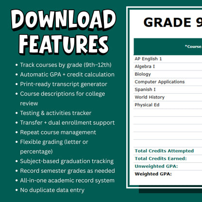 Homeschool High School Transcript System LITE | Google Sheets Auto GPA Calculator | Grades 9-12 Tracker | Print-Ready Digital Download