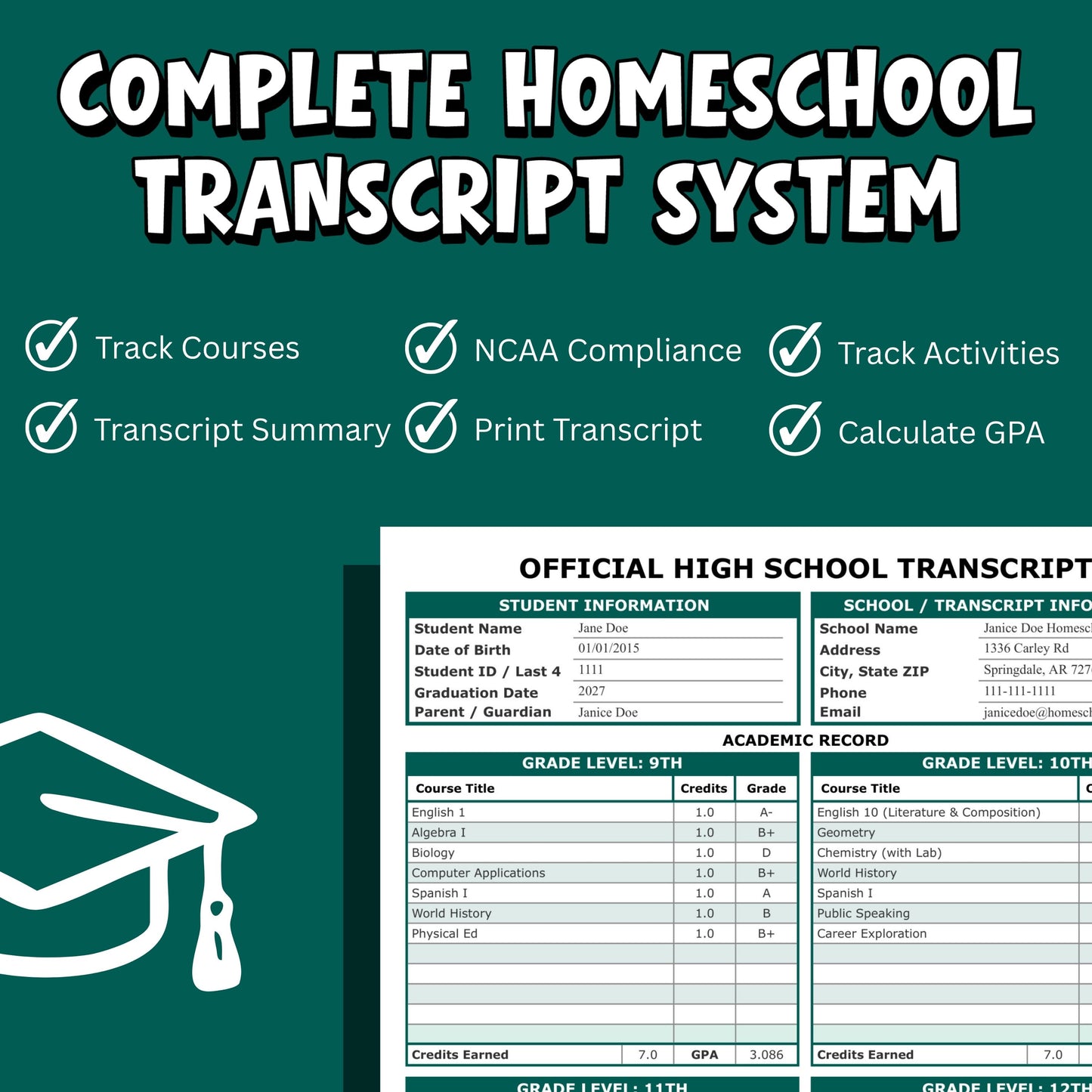 Homeschool High School PREMIUM Transcript Spreadsheet | GPA Calculator, Credits Tracker (Digital Download)
