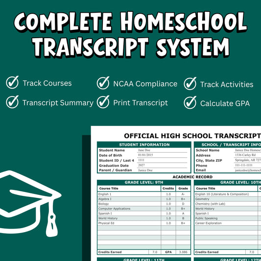 Homeschool High School PREMIUM Transcript Spreadsheet | GPA Calculator, Credits Tracker (Digital Download)