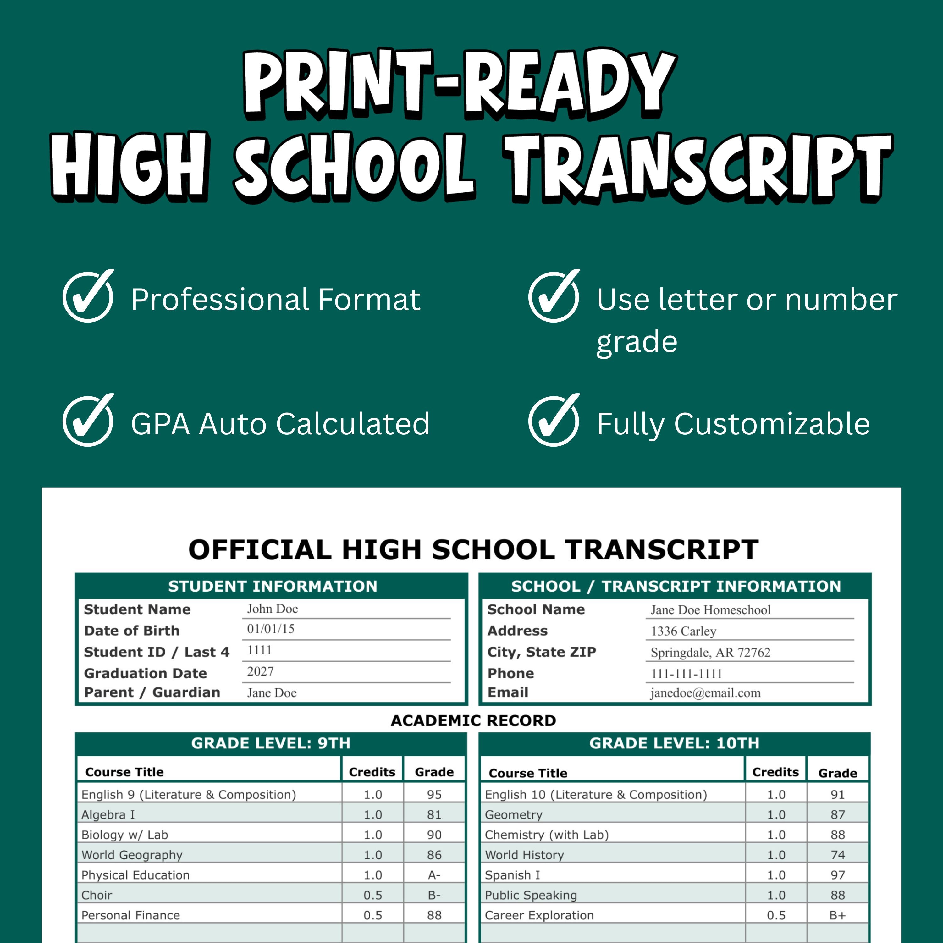 Printable Transcript Features Homeschool Transcript PRINT Template | Excel, Google Sheets, GPA Calcu ...