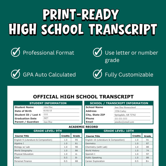 Homeschool Transcript PRINT Template | Excel, Google Sheets, GPA Calculator (Digital Download)
