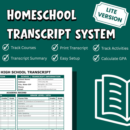 Homeschool High School Transcript System LITE | Google Sheets Auto GPA Calculator | Grades 9-12 Tracker | Print-Ready Digital Download