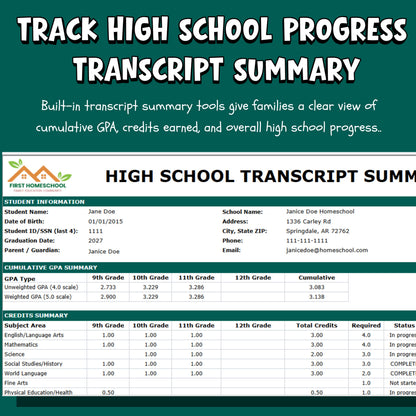 Homeschool High School Transcript System LITE | Google Sheets Auto GPA Calculator | Grades 9-12 Tracker | Print-Ready Digital Download