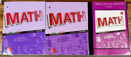 Glencoe Math Course 3 Student Edition, Volumes 1 & 2 w/ Math 8 Study Guide – Condition: Good & Clean