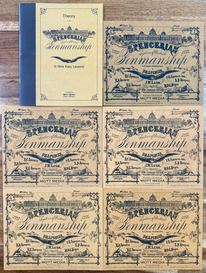 Theory of the Spencerian Penmanship in Nine Easy Lessons with 5 Practice Booklets (Booklet 1 pg 1 has writing)