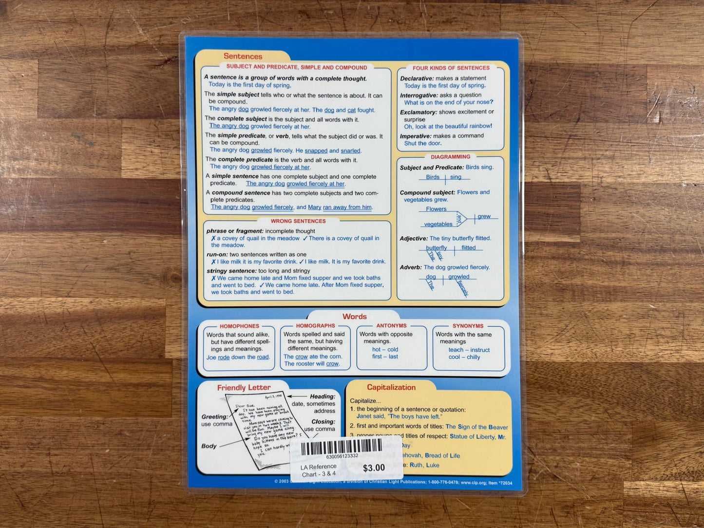 Language Arts Reference Chart Grades 3 & 4 Christian Light (VG)