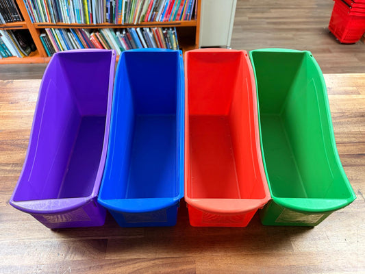 Book Bins SET of 4 w/ Label Sleeves (Red,Blue,Purple,Green)