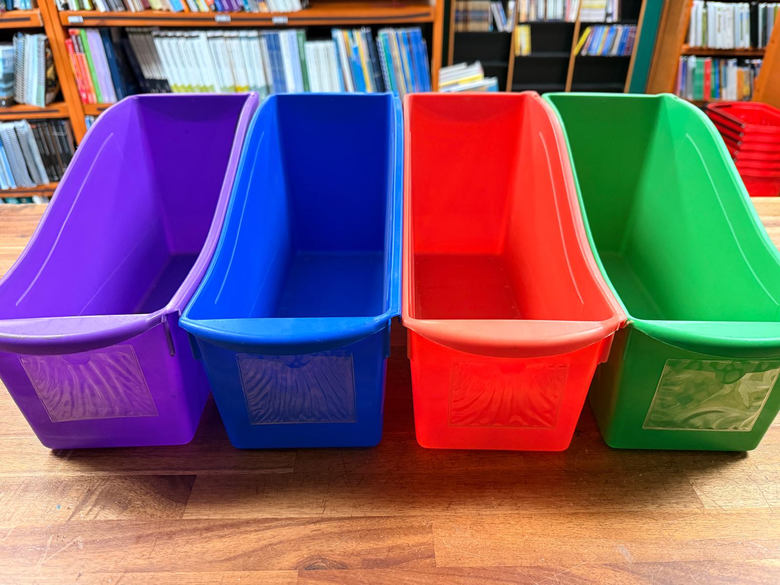 Book Bins SET of 4 w/ Label Sleeves (Red,Blue,Purple,Green)