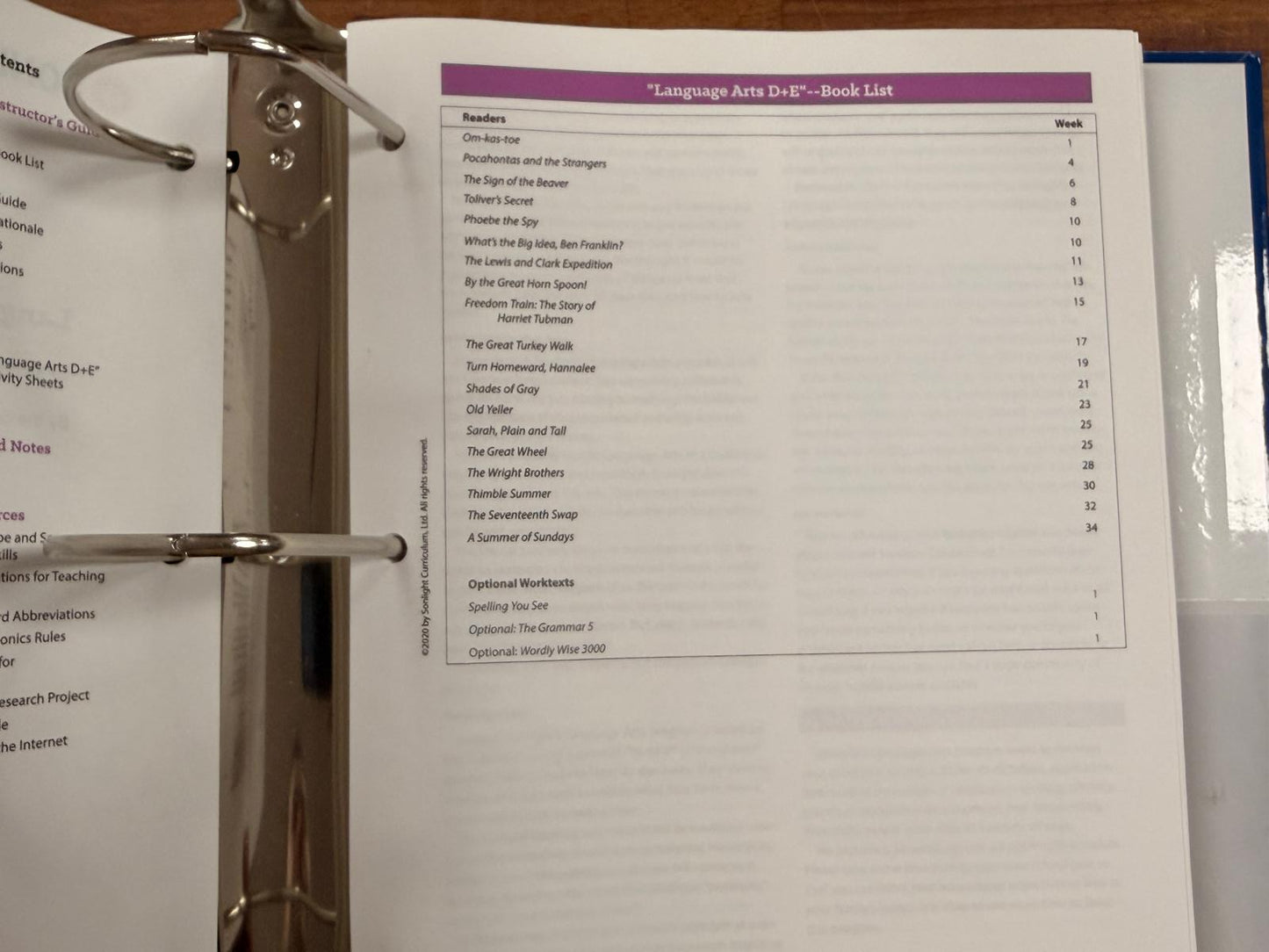 Sonlight Language Arts D+E Instructor's Guide & Binder