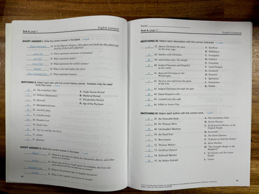 Abeka English Literature Teacher Quiz Test Key 4th Ed