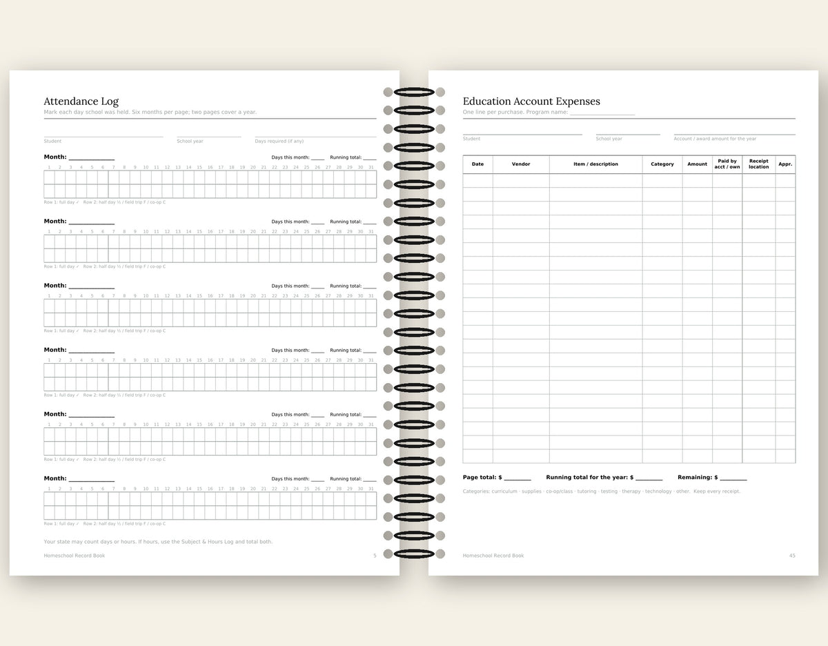 Homeschool Record Book — Attendance, Subjects & Expenses (Alabama Edition)