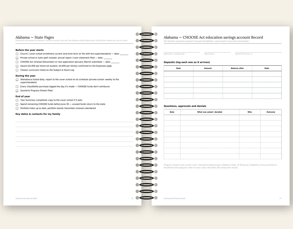 Homeschool Record Book — Attendance, Subjects & Expenses (Alabama Edition)