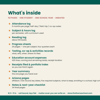 Homeschool Record Book — Attendance, Subjects & Expenses (Arizona Edition)