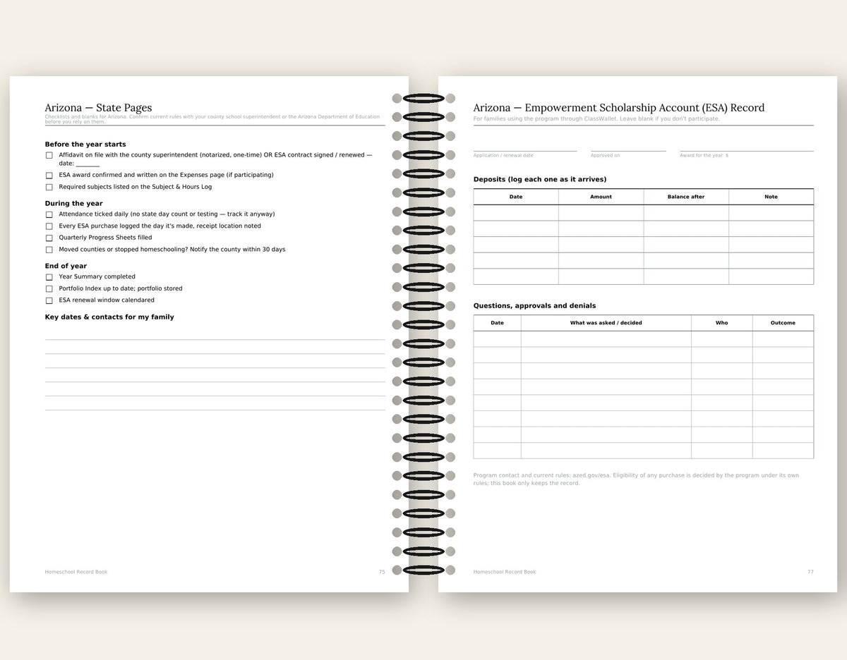 Homeschool Record Book — Attendance, Subjects & Expenses (Arizona Edition)