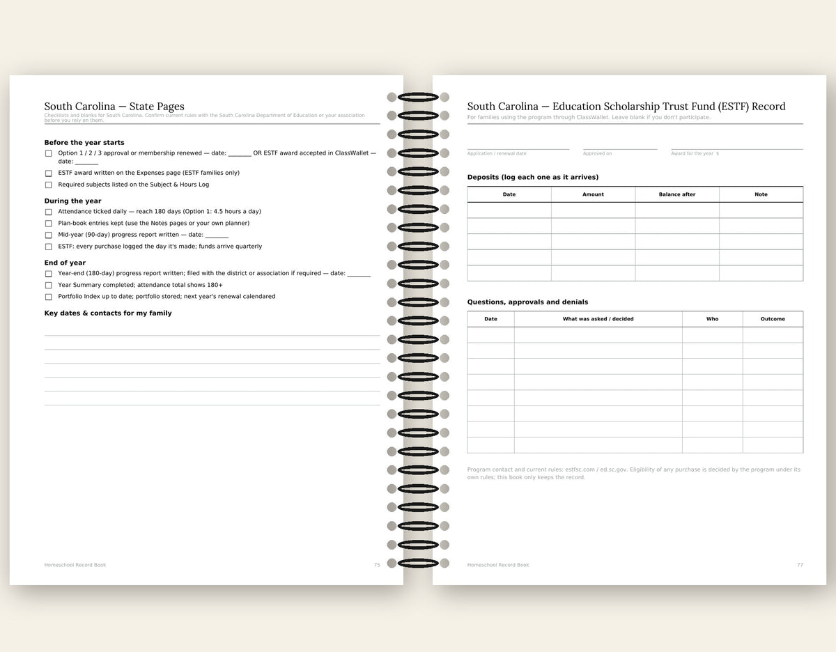 Homeschool Record Book — Attendance, Subjects & Expenses (South Carolina Edition)