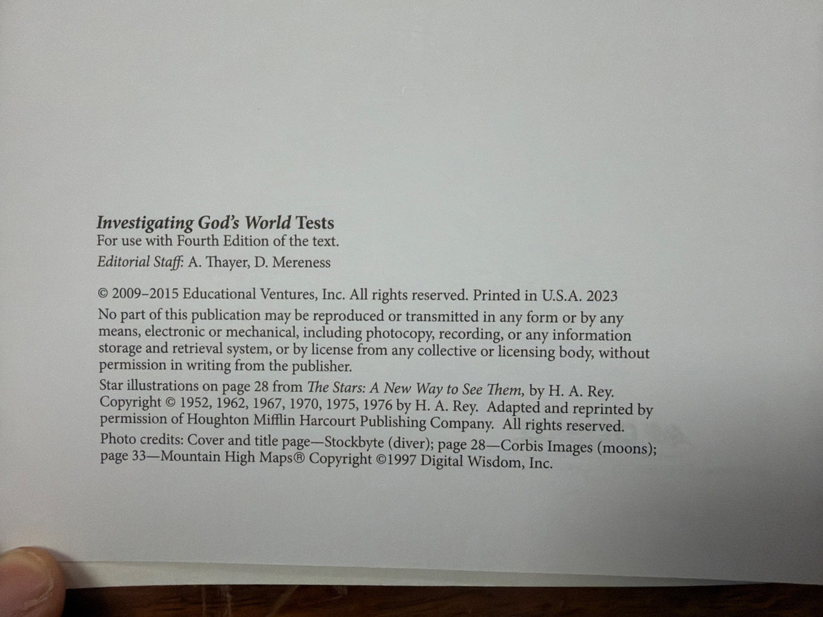 Abeka Investigating God's World Test Key Grade 5 4th Ed