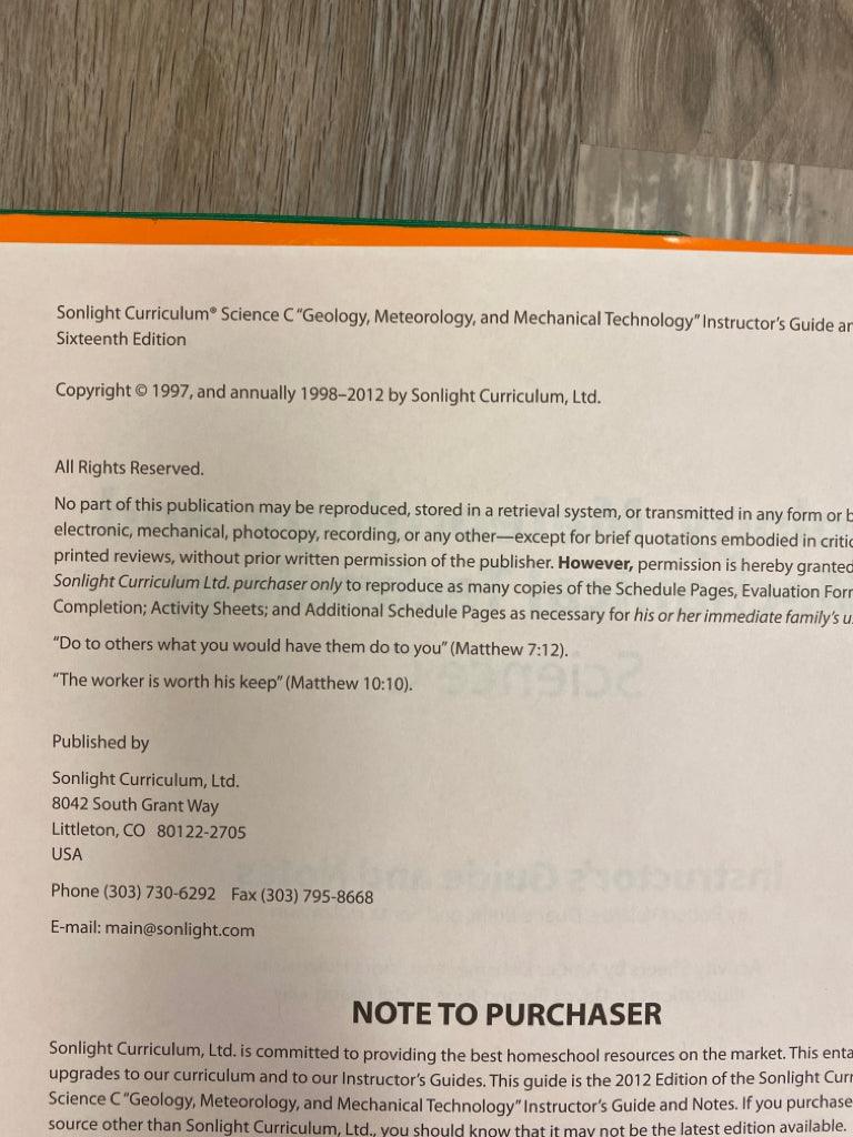 Sonlight Geology, Meteorology, and Mechanical Technology, Science C Inst. Guide
